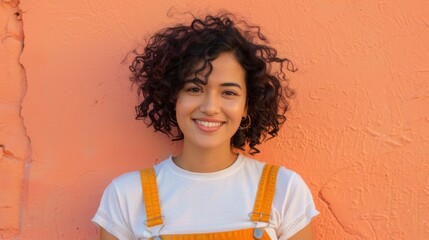 Smiling woman with curly hair wearing a white t-shirt and orange suspenders standing against an...