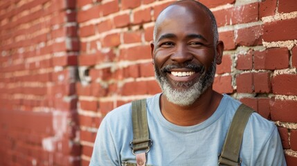 Smiling man with gray beard and mustache wearing blue t-shirt and suspenders leaning against red brick wall with a warm inviting smile. - 745042898