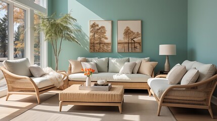 A tranquil living room with coastal blue walls and sandy beige furnishings