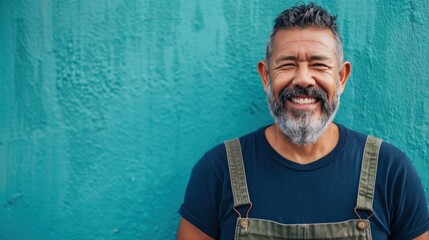 A bearded man with a smile wearing a blue shirt and suspenders standing against a textured turquoise wall.