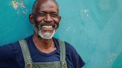 Smiling man with gray beard and mustache wearing blue shirt and green suspenders leaning against blue wall with peeling paint.
