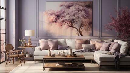 A tranquil living room with tender lavender walls and shadowed violet accent furniture