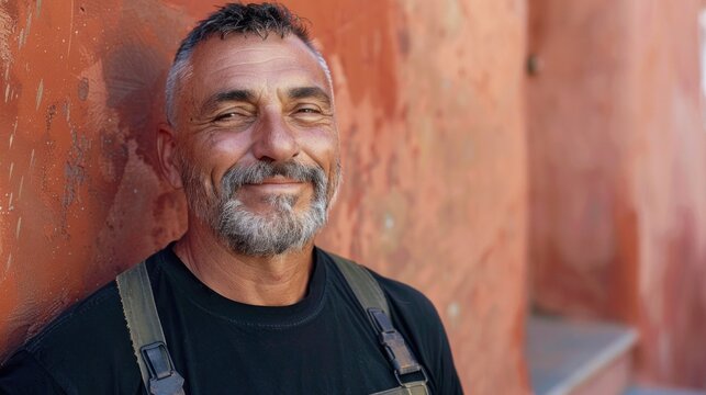 Smiling man with gray beard and hair wearing black t-shirt and suspenders leaning against red-orange wall with peeling paint.