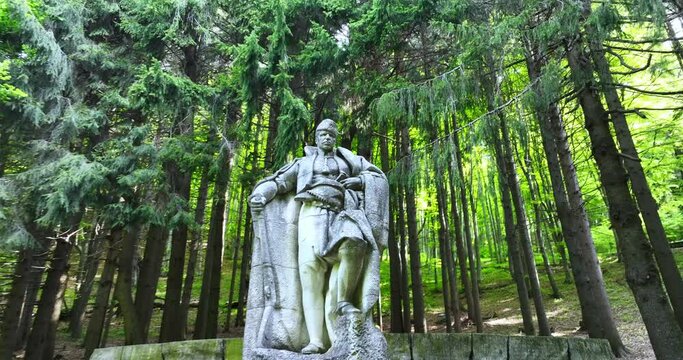 Hadzhi Dimitar national revolutionary hero memorial monument in the mountains forest, Buzludzha, Bulgaria 4K video