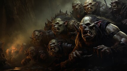 Orcs and goblins armed to the teeth gather under the banner of their dark lord readying for a siege on the lands of men their snarls echoing through the night - obrazy, fototapety, plakaty