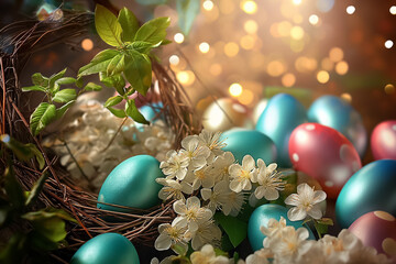 Fototapeta na wymiar Easter card with Glossy colored painted eggs with and spring flower branches on blurred background
