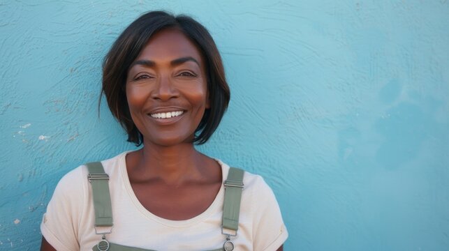 Smiling woman with short hair wearing a white shirt with green suspenders standing against a textured blue wall.
