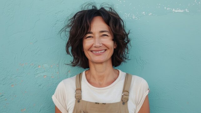 A woman with a radiant smile wearing a white t-shirt and beige overalls stands against a textured light blue wall.
