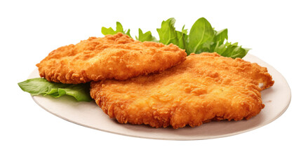 Homemade breaded chicken schnitzel isolated on transparent a white background