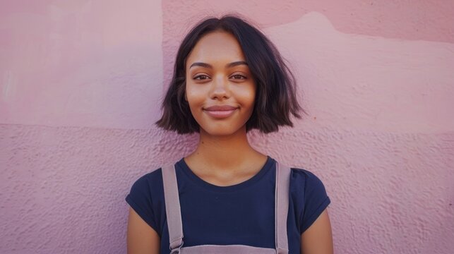 A young woman with a short bob hairstyle wearing a dark blue t-shirt with light gray straps standing against a pink wall with a textured surface.
