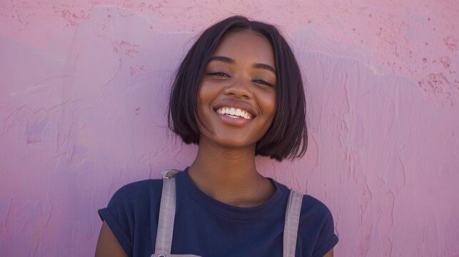 A young woman with a radiant smile short dark hair and a blue top standing against a vibrant pink textured wall.