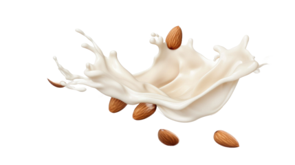 Milk splash with almonds isolated on transparent a white background