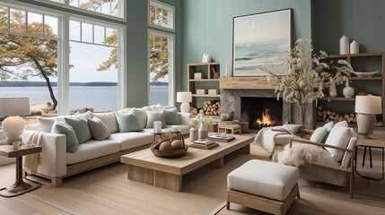 A tranquil living room with coastal blue walls and seafoam green accents