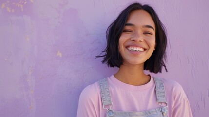 The image shows a smiling young woman with dark hair wearing a pink top and denim overalls standing against a purple wall with a textured surface.