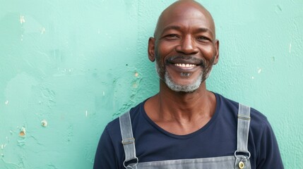 Smiling man with gray beard and mustache wearing blue overalls standing against a textured turquoise wall.