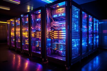 Modern data center with multiple rows of server racks in a busy server room setting