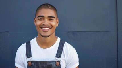 Smiling young man with short hair wearing a white t-shirt and denim overalls standing against a blue wall.
