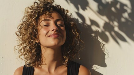 A woman with curly hair smiling gently enjoying the sunlight and shadows cast by leaves on a white wall. - 745044247