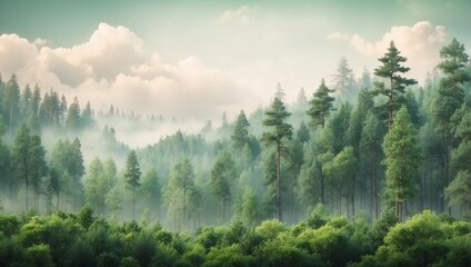 photo of a beautiful misty green tree forest view in the morning made by AI generative
