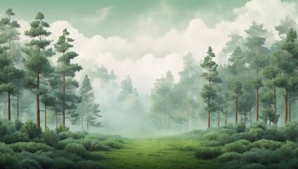 photo of a beautiful misty green tree forest view in the morning made by AI generative