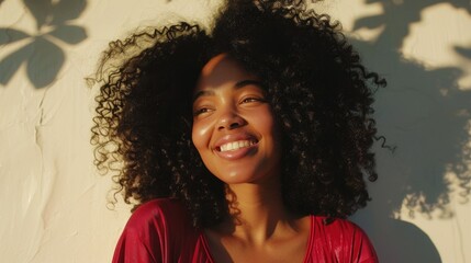 A woman with curly hair smiling at the camera wearing a red top with sunlight casting shadows on her face and hair creating a warm and cheerful atmosphere. - 745044443