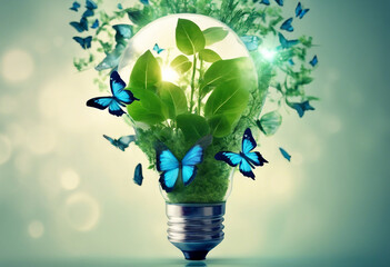 Green energy banner concept Light bulb made from green plants with blue butterflies as symbol of pur