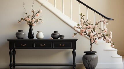 A welcoming entryway with creamy white painted walls and coal black accent furniture