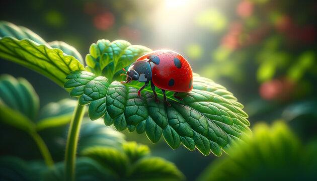 This image shows a ladybug on a vibrant green leaf with a soft-focus background, illuminated by a sunlight glow, symbolizing nature's delicate balance.Animals behaving concept.AI generated.