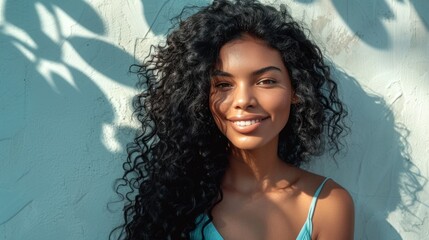 A smiling woman with long curly black hair wearing a light blue top standing against a textured blue wall with sunlight casting shadows.