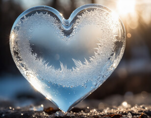 Beautiful ice heart covered with frost and illuminated by sunlight, ai generative