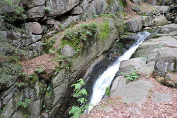 Podgórna Waterfall in the Polish part of the Karkonosze Mountains falling from a steep rocky granite wall, cracked granite walls covered with green moss in the forest in the mountains in Poland