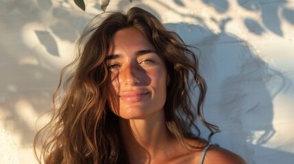 A woman with long brown hair smiling with a hint of sunburn standing in front of a white wall with shadows of leaves. - obrazy, fototapety, plakaty