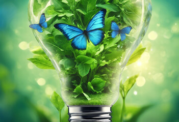 Green energy banner concept Light bulb made from green plants with blue butterflies as symbol of pur