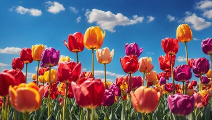 Fototapeta premium photo of a beautiful view of a garden of colorful tulips during the day made by AI generative