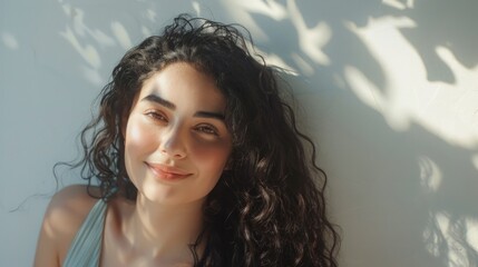 A young woman with long curly hair smiling gently at the camera with soft natural lighting casting dappled shadows on her face and the wall behind her.