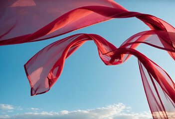Flying transparent red fabric wave on blue sky background and illuminated by sunlight, generative ai