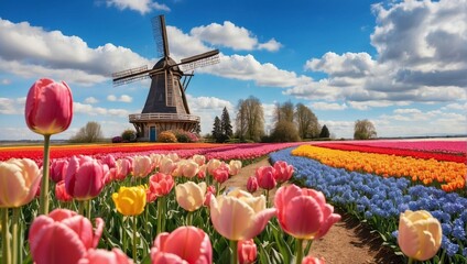 photo of the windmill in the middle of a beautiful tulip garden made by AI generative