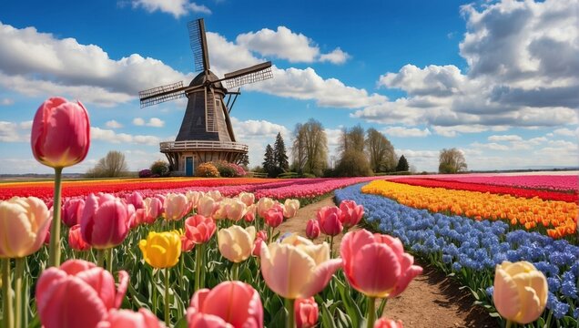 photo of the windmill in the middle of a beautiful tulip garden made by AI generative