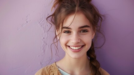 A young woman with a radiant smile her hair styled in a messy bun against a soft purple backdrop.