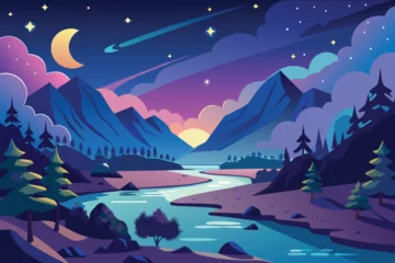 Deurstickers Starry night sky with river landscape in japanese style vector © MRSNURGAHAN