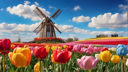 photo of the windmill in the middle of a beautiful tulip garden made by AI generative