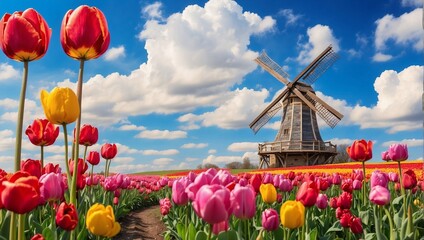 photo of the windmill in the middle of a beautiful tulip garden made by AI generative