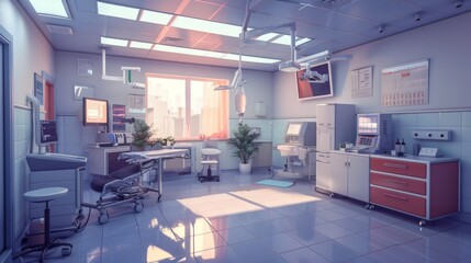 A sterile medical room equipped for patient care and treatment, maintaining cleanliness and functionality
