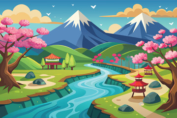 Views of cherry trees, rivers and mountains in cartoon and anime style vector illustration