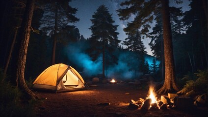 photo of a campsite with tents and campfire in the middle of the forest made by AI generative