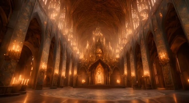 The Hall of Fire. Majestic and ornate hall with glowing candles and intricate architecture