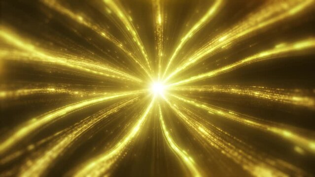 Golden particle lines converge to the center, energy particle light, high-tech data transmission, gold particle streaks flow.
