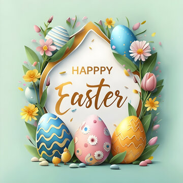 Happy Easter background with decorative eggs and flowers