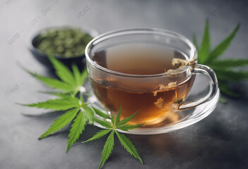 Hemp herbal tea and leaves on gray background Calming drink concept