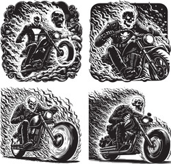 In the captivating scene of "Glowing Skull Rider: Classic Tarot Lithograph," a mysterious figure, cloaked in intrigue, dons a skull mask as they maneuver their luminous motorcycle throu